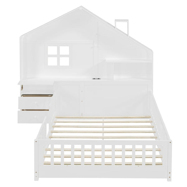 English Elm Full Size House Bed White Wood Frame with Drawers Shelves and Built in Usb Charging LT000423AAK-2