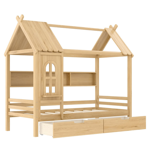 English Elm Twin House Platform Bed with Drawers & Shelves, Solid Wood Playhouse Frame for Kids, Cozy Design Natural W1580S00266