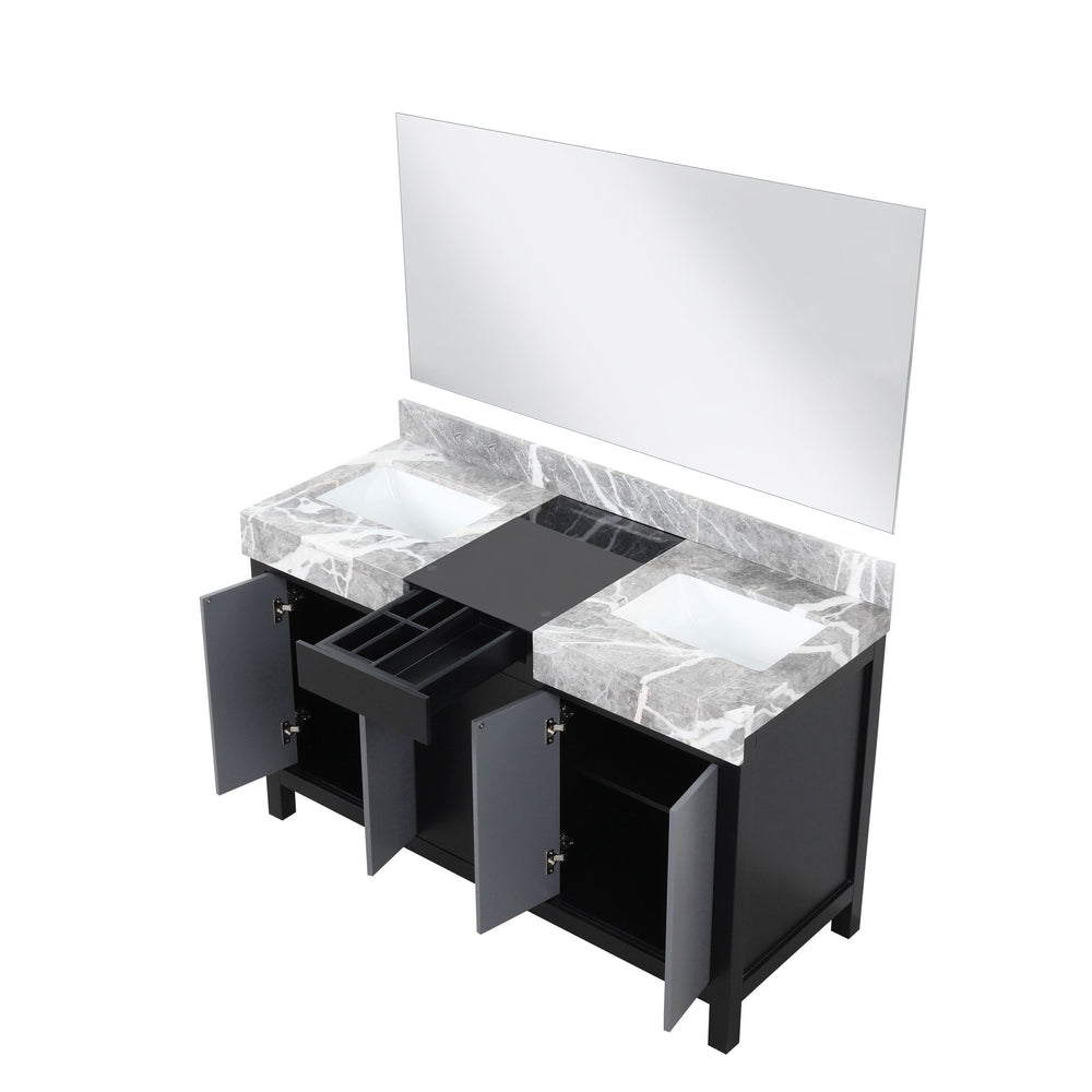 English Elm Black Black and Grey Double Bath Vanity 55 in W x 22 in D with Castle Grey Marble Top, 53 in Mirror, Soft-Close Storage B2731S00933