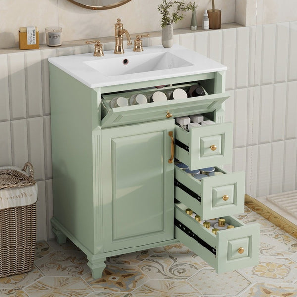 English Elm 24 Inch Freestanding Bathroom Vanity Solid Rubberwood Ceramic Sink Matte Finish Storage Green N725P375626G