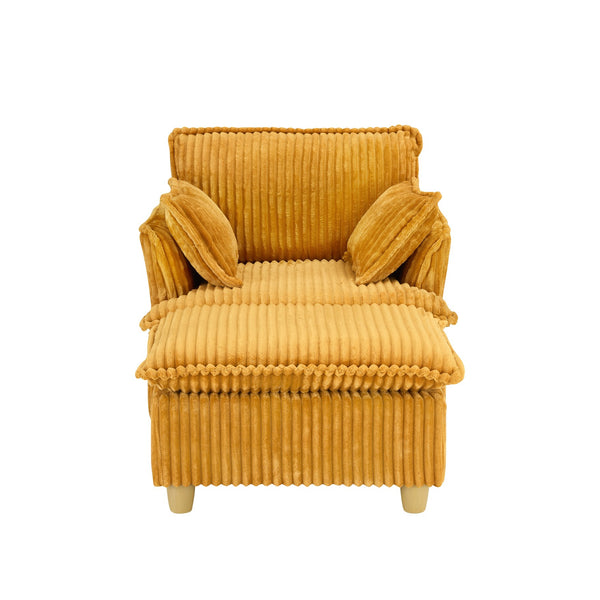 English Elm This single-seat corduroy sofa with ottoman and pillows — compact lounge chair for cozy reading nooks and naps Yellow W1658S00121