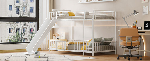 English Elm Twin Twin over Twin metal bunk bed with slide, guardrails and convertible loft design for safety and playfulness White SF000169AAK