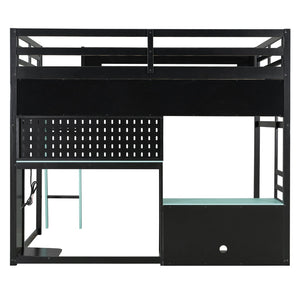 English Elm Full Size Gaming Loft Bed with Built-in Desk Led Lighting Usb Ports and Pegboard Black+Blue LT000270AAC