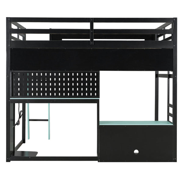 English Elm Full Size Gaming Loft Bed with Built-in Desk Led Lighting Usb Ports and Pegboard Black+Blue LT000270AAC
