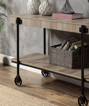 English Elm Industrial Slat Sofa Table with Natural Tone Top, Black Metal Frame, Open Shelf & Wheel Legs - 47" B011P214571