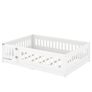 English Elm Full Size Floor Bed With Guardrails & Door - Solid Wood Bedframe For Safe, Stylish Kids' Sleep W1820P240539