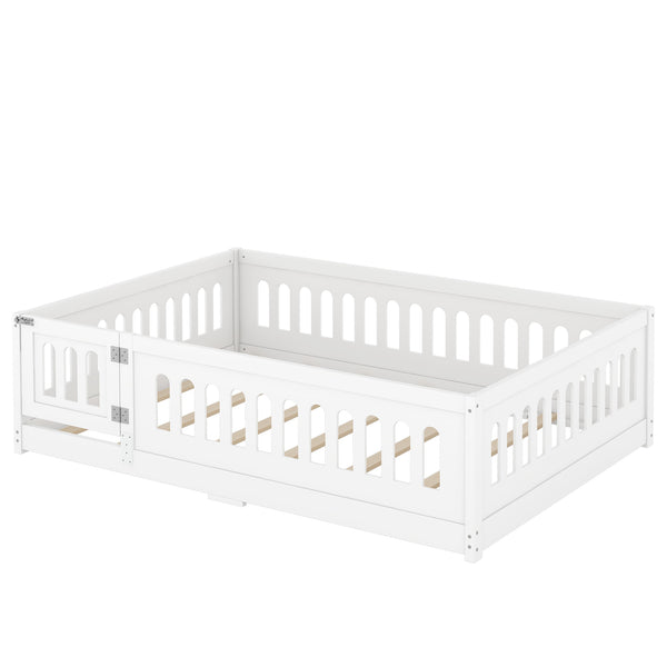 English Elm Full Size Floor Bed With Guardrails & Door - Solid Wood Bedframe For Safe, Stylish Kids' Sleep W1820P240539