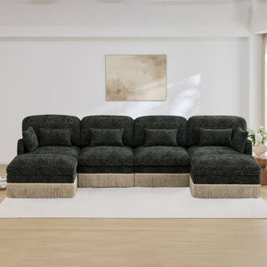 English Elm 131"comfy Chenille Leopard Print U-shaped Sectional with Tassel Trim and Modular Ottomans Green W5656S00036