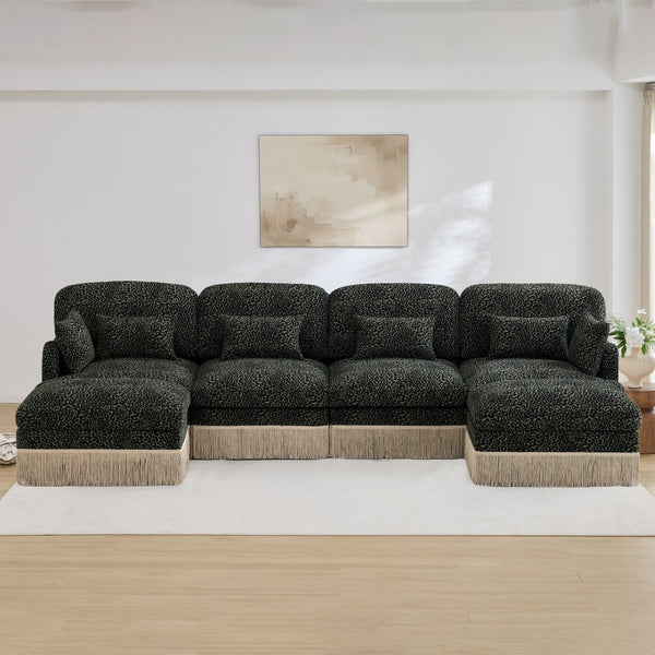 English Elm 131"comfy Chenille Leopard Print U-shaped Sectional with Tassel Trim and Modular Ottomans Green W5656S00036