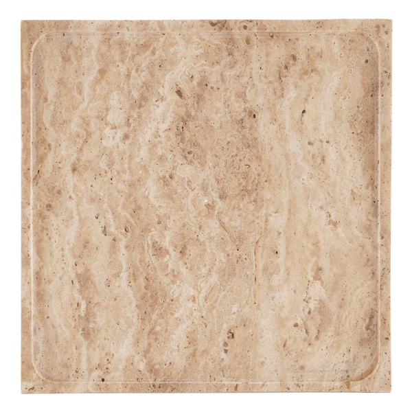 Boyles Travertine Tray with Unique Pitting and Forged Iron Base - Modern Natural Home Accent