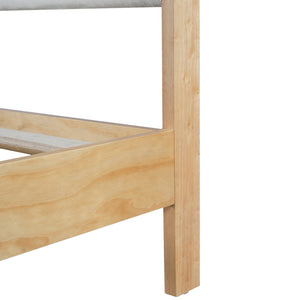 English Elm Queen Platform Bed Natural Wood Frame Beige Upholstered Headboard Low Profile N758Q909899N