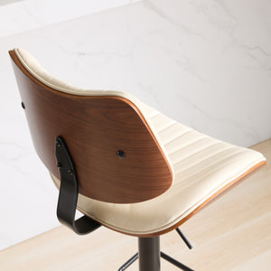 English Elm Walnut Mid-Century Bentwood Swivel Bar Stool with Ergonomic Faux Leather Seat and Wide Stable Base Beige W1143P173515