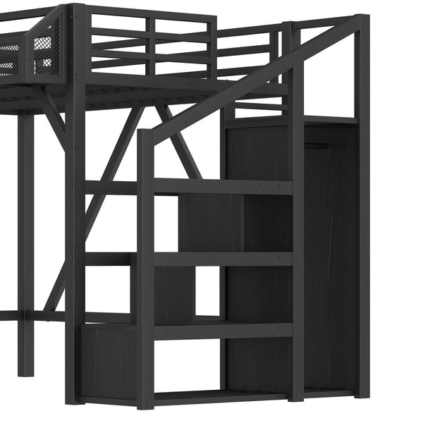 English Elm Full Xl Over Twin Triple Metal Bunk Bed with Storage Stairs and Shelves Black Black+Natural W1580S00407