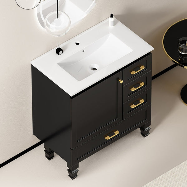 English Elm 30"black Matte Finish Bathroom Vanity with Soft Close Cabinet and Three Storage Drawers Black W3133S00018
