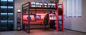 English Elm Full Size Gaming Loft Bed with Rgb Lights Wraparound Shelves and Built-in Usb Ports Red LT000299AAJ