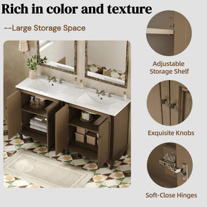 English Elm Christopher Knight Home® - 60" Retro Double Sink Bathroom Vanity Set with Soft-Close Doors, Adjustable Shelves, Rubberwood Legs Antique brown N817P245317L