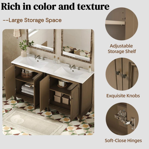 English Elm Christopher Knight Home® - 60" Retro Double Sink Bathroom Vanity Set with Soft-Close Doors, Adjustable Shelves, Rubberwood Legs Antique brown N817P245317L