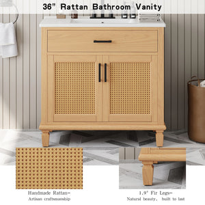 English Elm Christopher Knight Home® - 36" Rattan Bathroom Vanity with Ceramic Sink and Soft-Close Drawers, Handwoven Door Texture, Solid Wood Legs, Spacious Storage Elegance Natural N817P271077N