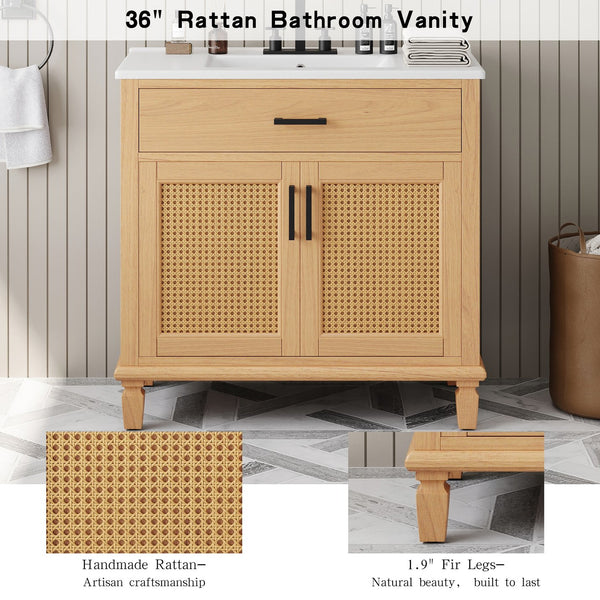 English Elm Christopher Knight Home® - 36" Rattan Bathroom Vanity with Ceramic Sink and Soft-Close Drawers, Handwoven Door Texture, Solid Wood Legs, Spacious Storage Elegance Natural N817P271077N
