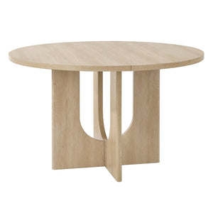 English Elm 47.3" Round Oak Dining Set Seats Four with Linen Upholstered Chairs for Modern Kitchens W1998S00087