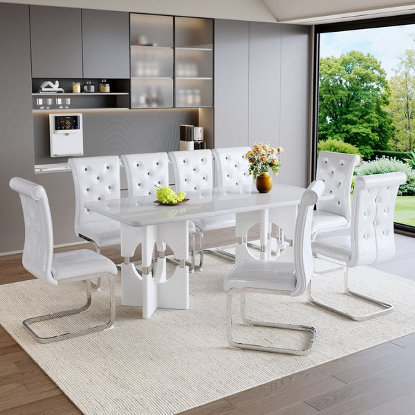 English Elm Modern 9 Piece Glam Dining Set Faux Marble Table Tufted Pvc Chairs Seats Eight W3875S00081