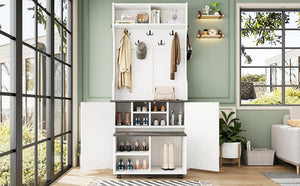 English Elm On-Trend Farmhouse 4-In-1 Hall Tree With Movable Bench, 7 Hooks, Shoe Storage & Barn Doors, White N721P205788K-GIGA