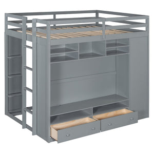English Elm Full Size Loft Bed with Led Lighting Wardrobe Drawers and Shelves for Teen Rooms Gray LT000499AAE
