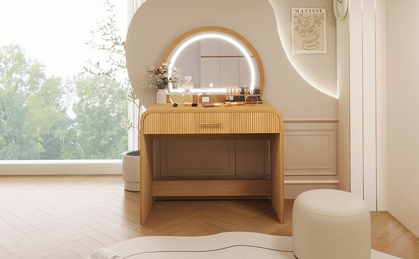 English Elm 39" Makeup Vanity Table with Touchscreen LED Mirror, Sleek Dressing Table with Drawer and Glass Top - Durable Rubberwood, Fast Assembly Natural N704P196658N