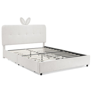 English Elm Queen Boucle Upholstered Kids Bed with Rabbit Ear Headboard Led Lighting Storage Drawers Beige W1413P384927
