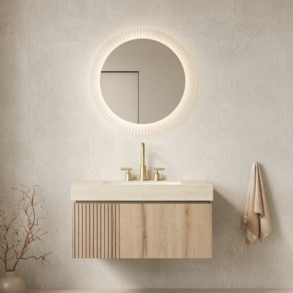 English Elm Muri Floating Bathroom Vanity Sintered Stone Top Plywood Cabinet White Oak Grain W2615S00611