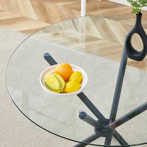 English Elm A circular tempered glass round table 36.6" diameter with sleek black ring metal legs, modern design W1151P294396