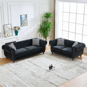 English Elm 3+2 Seater Chesterfield Velvet Sofa Set With Roll Armrests & Nailhead Trim - Luxurious Comfort Design! W3373S00013
