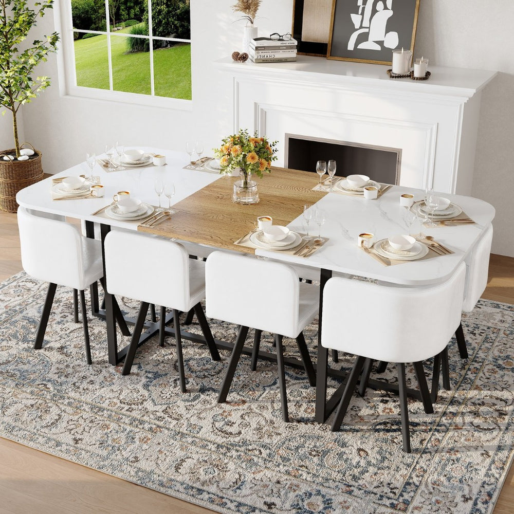 English Elm 9-piece Square Dining Set Faux Marble Wood Grain Table with 8 Leather Chairs W3875S00148