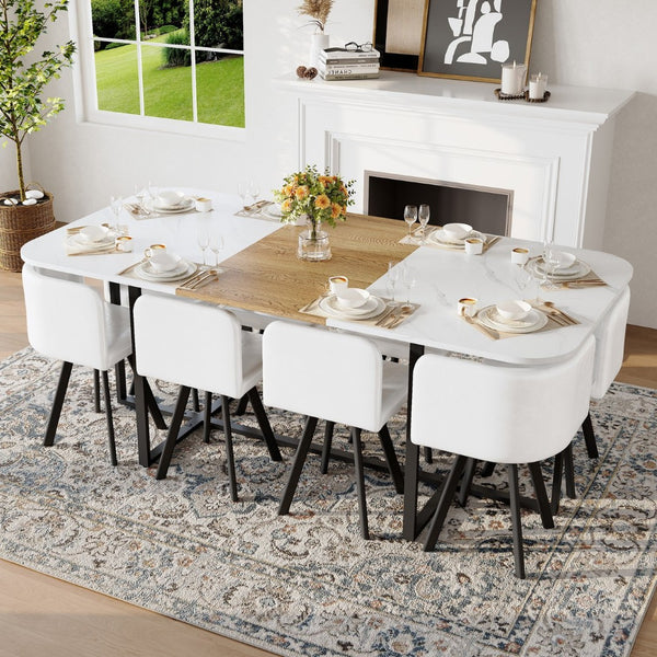 English Elm 9-piece Square Dining Set Faux Marble Wood Grain Table with 8 Leather Chairs W3875S00148