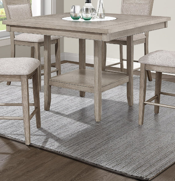 English Elm 1pc Contemporary Transitional Counter Height Dining Table with 20" Faux Marble Lazy Susan, Affixed Storage Base, Tan Beige Finish B011P240451