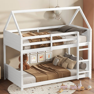 English Elm Twin House-Style Twin Bunk Bed With Safety Guardrails, Ladder & Play Space – White Rubberwood Design W504P227972-GIGA