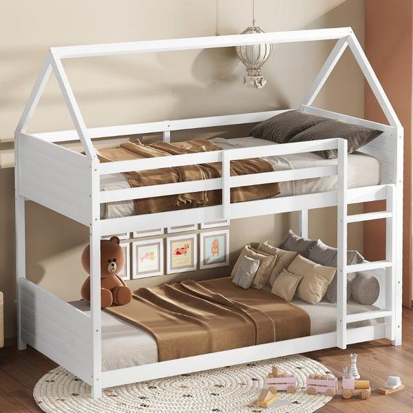 English Elm Twin House-Style Twin Bunk Bed With Safety Guardrails, Ladder & Play Space – White Rubberwood Design W504P227972-GIGA