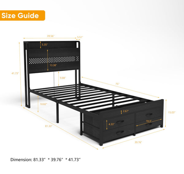English Elm Twin Metal Platform Bed Frame With Headboard, Storage Drawers, Led Lights & Charging Station W2129P262895-GIGA