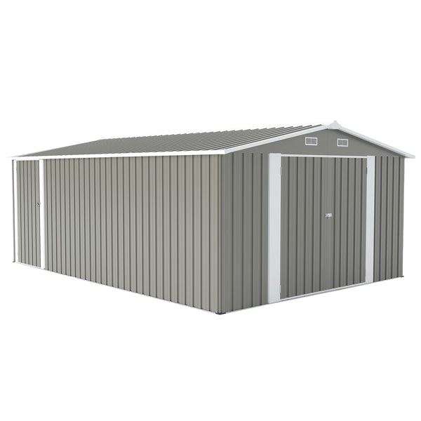 English Elm Campcraft Metal Storage Shed 10x14 Ft with Lockable Doors Vented Sloped Roof Backyard Light Gray W1598S00050