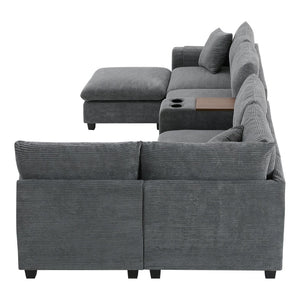 English Elm 139'' U-shaped Corduroy Sectional with Ottoman Console Usb Port and Cup Holders for Living Gray N723S1166E