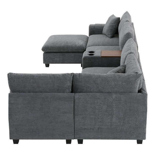 English Elm 139'' U-shaped Corduroy Sectional with Ottoman Console Usb Port and Cup Holders for Living Gray N723S1166E