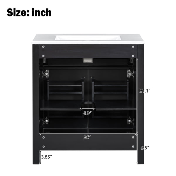English Elm 30" Modern Bathroom Vanity with Ceramic Sink and Soft-Close Doors, Solid Wood MDF Build, Sleek Handles Black N729P263155B
