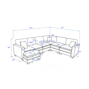 English Elm Modern U Shaped 6-Seat Sectional Sofa with Ottoman and 3 Toss Pillows, Corduroy Modular Comfort and Durable Frame Green W2363S00042