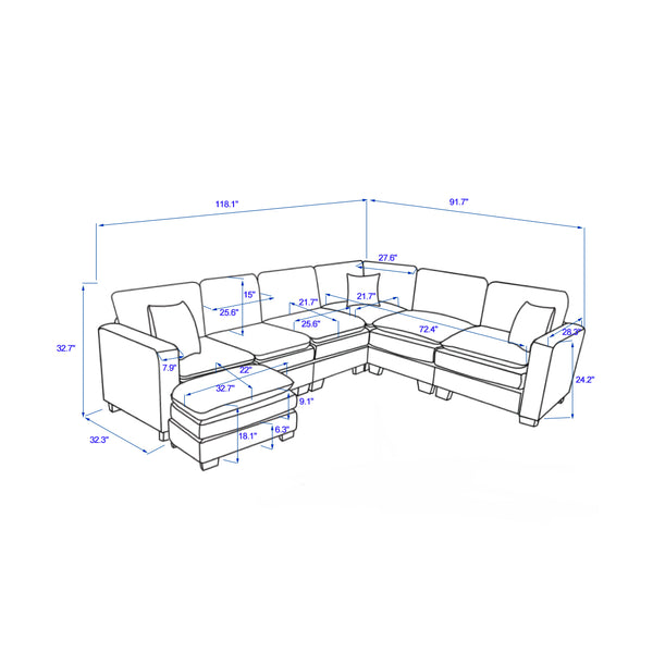 English Elm Modern U Shaped 6-Seat Sectional Sofa with Ottoman and 3 Toss Pillows, Corduroy Modular Comfort and Durable Frame Green W2363S00042