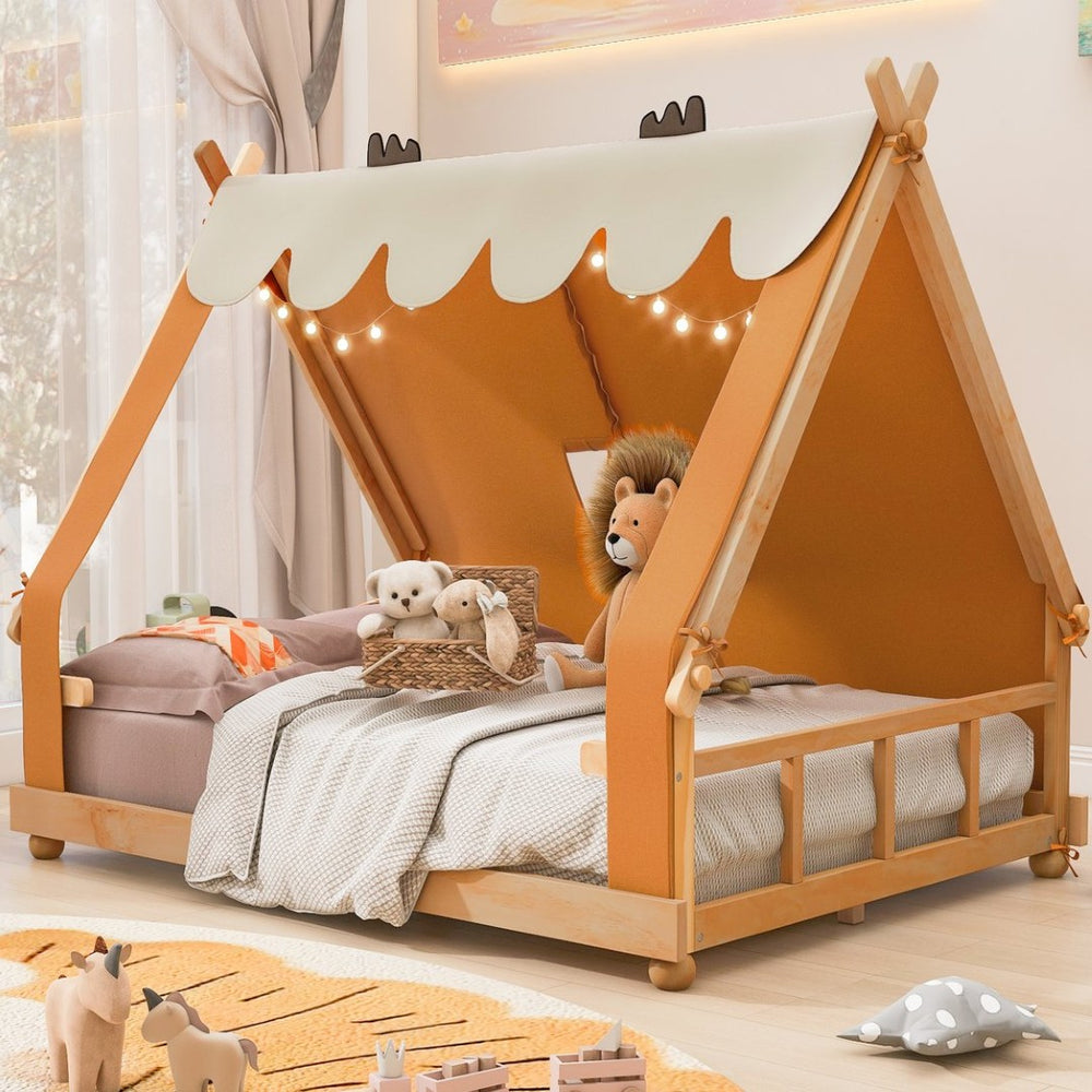 English Elm Twin Cabin Bed with Detachable Tent Skylight and Woodland Deer Antler Accents Brown N708P356717D
