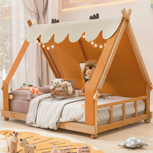 English Elm Twin Cabin Bed with Detachable Tent Skylight and Woodland Deer Antler Accents Brown N708P356717D