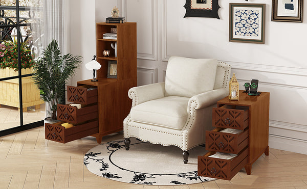 English Elm End Table With 3 Drawers & 2 Open Shelves - Stylish Walnut Corner Table With Power Outlet & Usb Ports W2593P289146