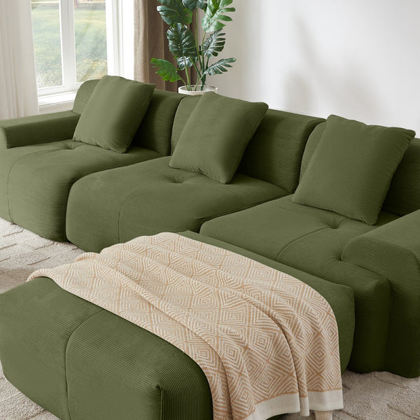 English Elm 113" Modular L-Shaped Sectional Sofa with Corduroy Upholstery, Deep Seats, Wide Arms, Ottoman Included Green W1359S00025