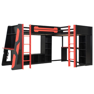 English Elm L-shaped Gaming Loft Bunk Bed Twin Wood Frame Rgb Lighting Usb Ports Storage Shelves Red LT000295AAR