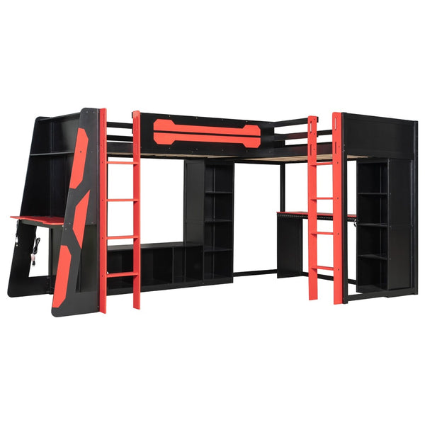 English Elm L-shaped Gaming Loft Bunk Bed Twin Wood Frame Rgb Lighting Usb Ports Storage Shelves Red LT000295AAR